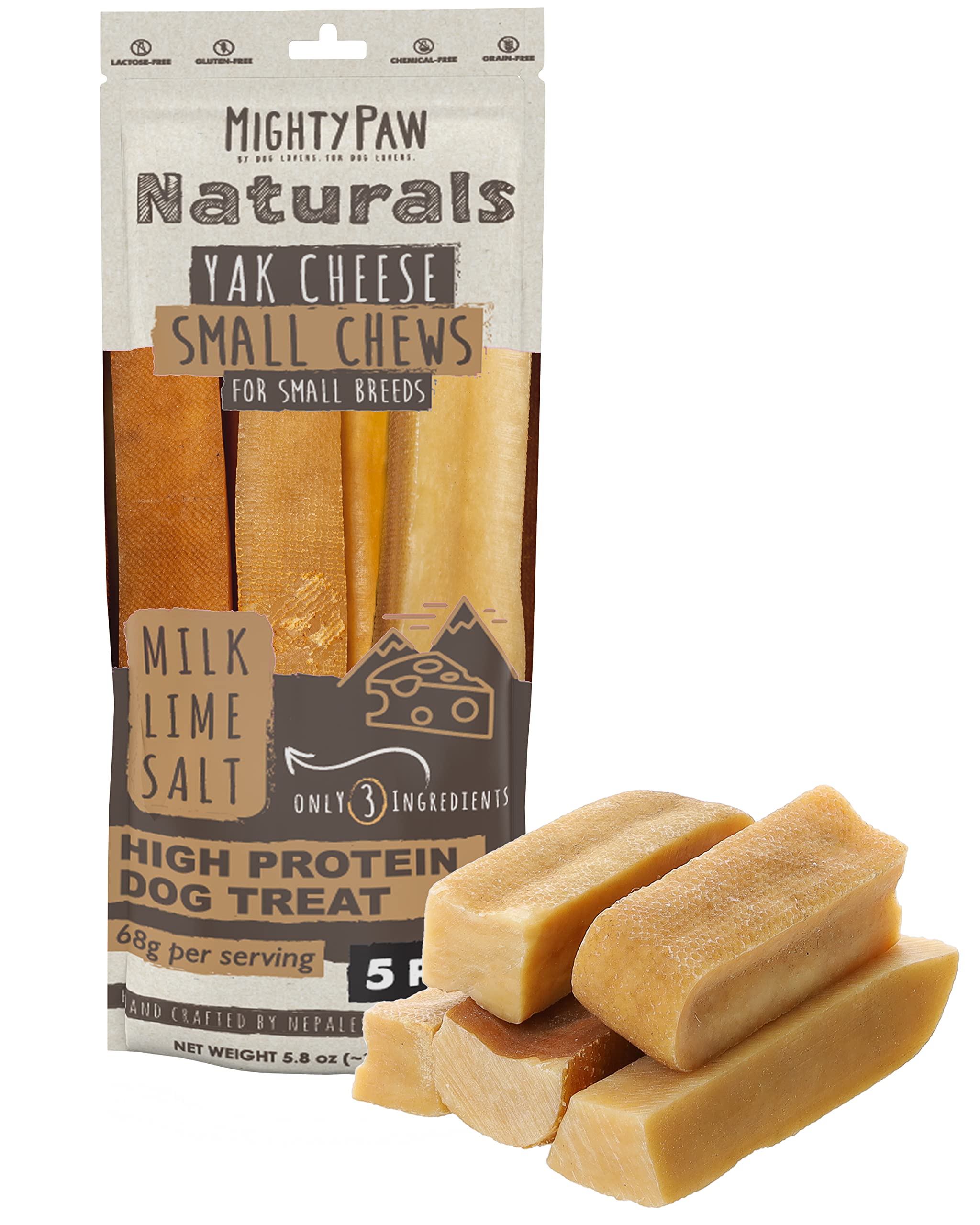 Mighty Paw Yak Cheese Chews in a dog bowl, an odorless, convenient snack.