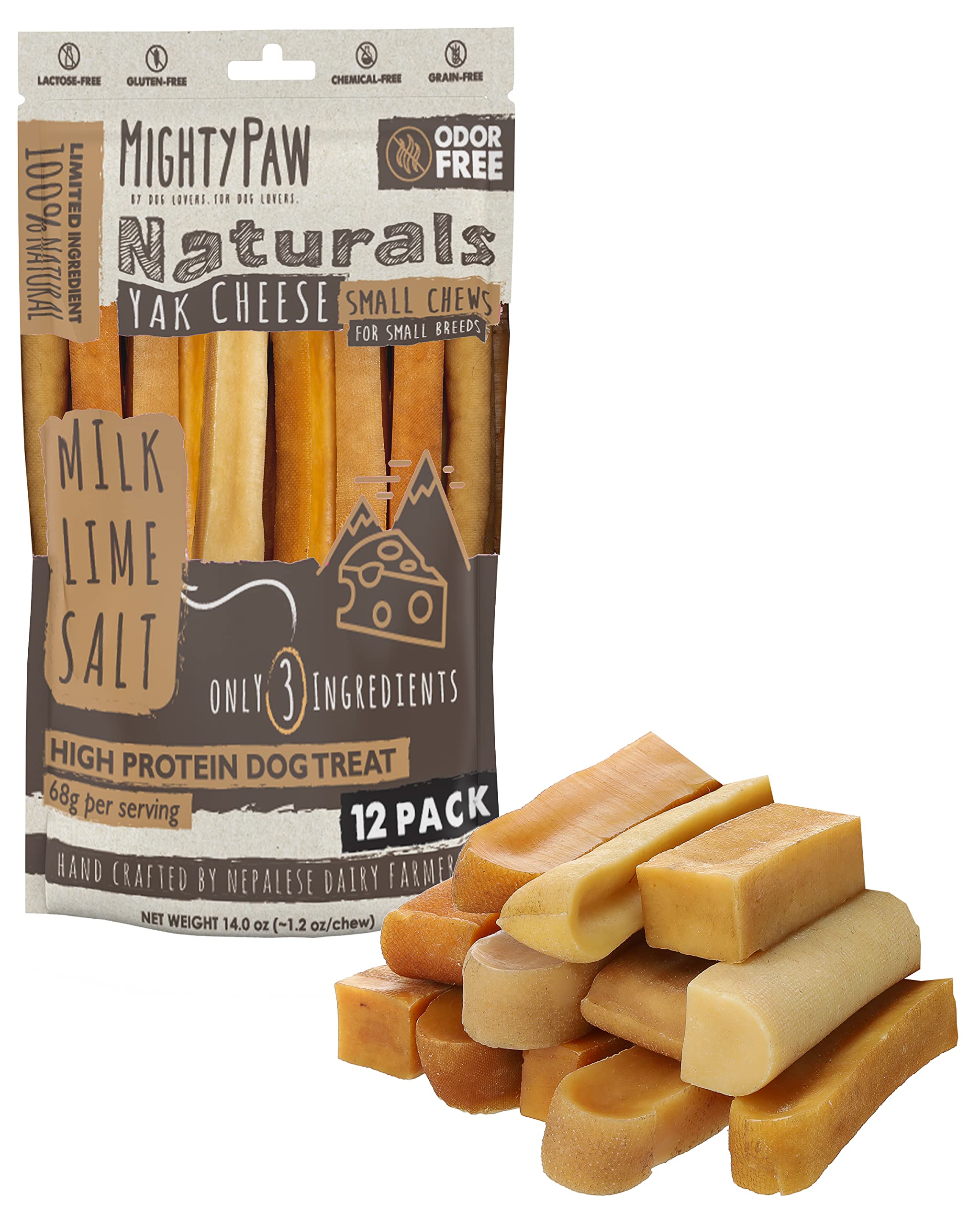 Mighty Paw Yak Cheese Chews pack shot highlighting natural ingredients and long-lasting chew