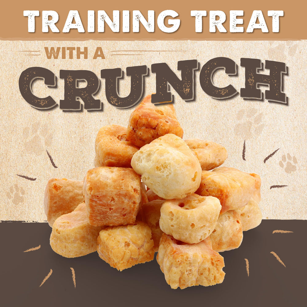 Mighty Paw Yak Cheese Puffs served in a dog bowl for mess-free snacking.