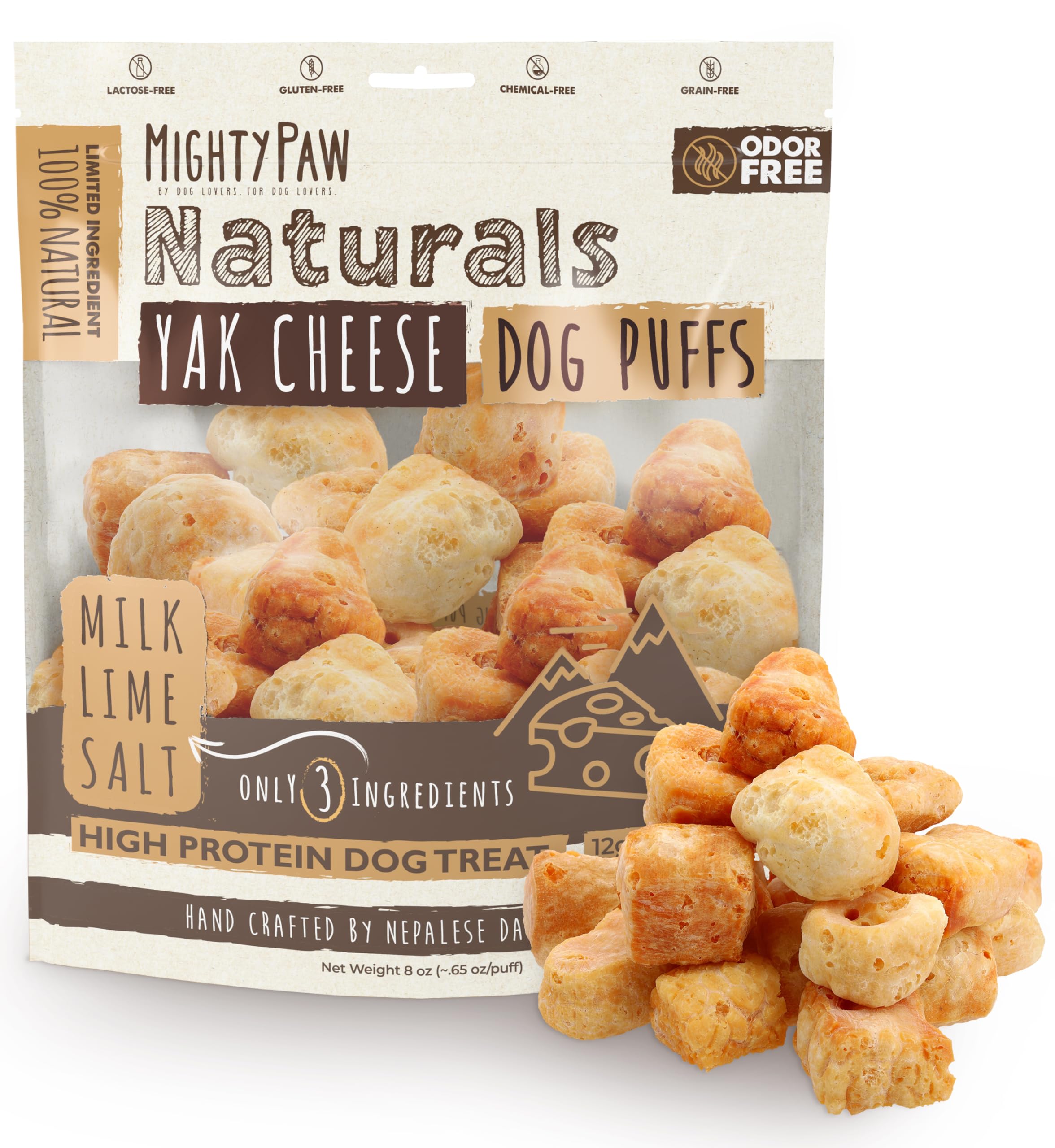 Mighty Paw Yak Cheese Puffs packaging highlights all-natural ingredients for dogs.