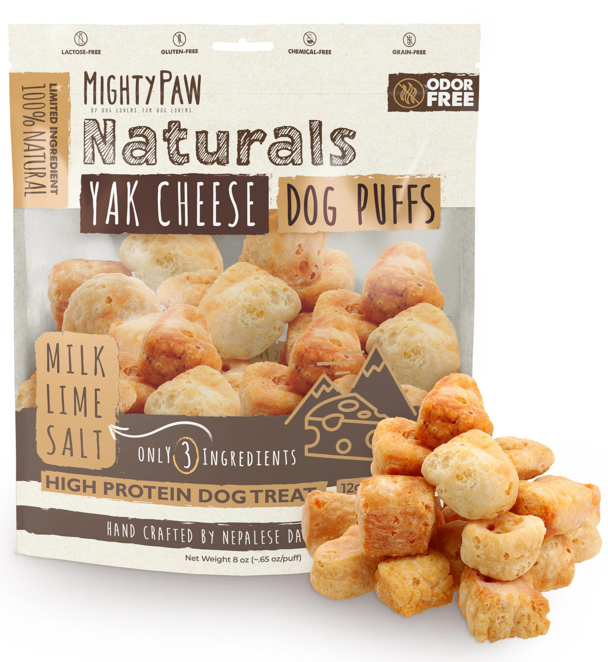 Mighty Paw Yak Cheese Puffs packaging highlights all-natural ingredients for dogs.