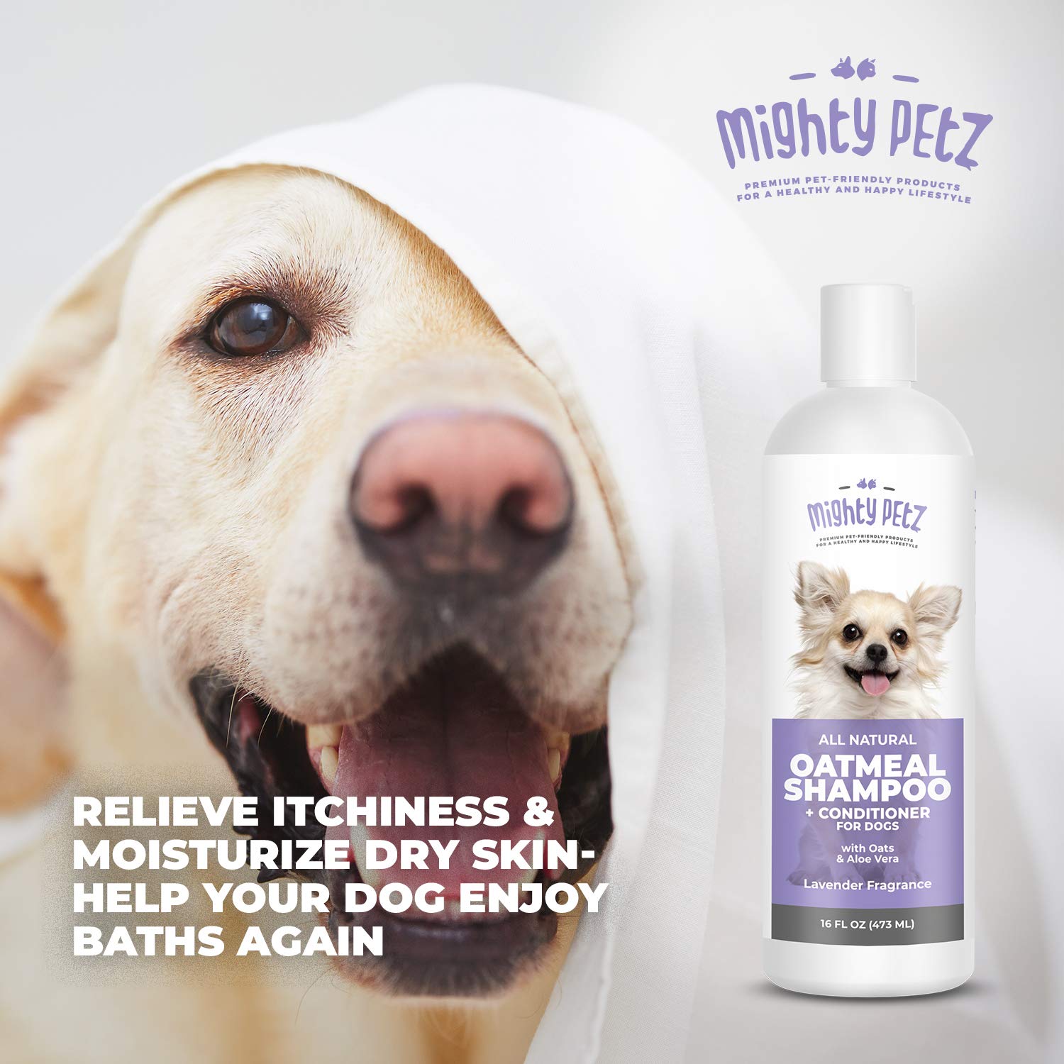 Mighty Petz seven-natural-ingredients label highlights clean, USA-made formulation.