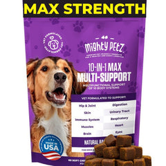 Mighty Petz MAX dog multivitamin bottle highlighting 10-in-1 support for joints and immunity.