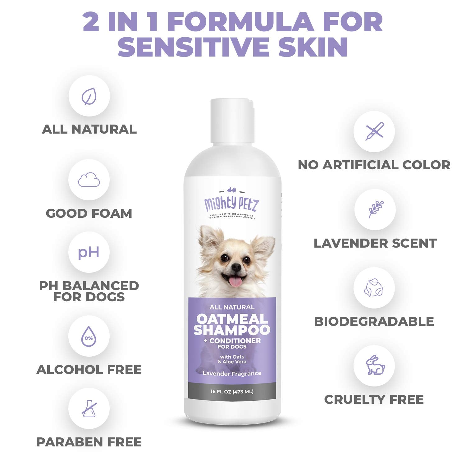 Mighty Petz shampoo-conditioner lather coats hair for easier detangling during bath time.