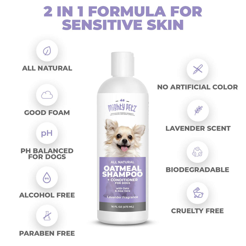 Mighty Petz shampoo-conditioner lather coats hair for easier detangling during bath time.