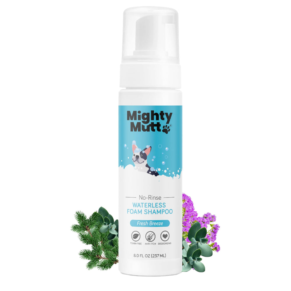 Mighty Mutt waterless shampoo bottle enables quick, no-rinse cleanups on the go.