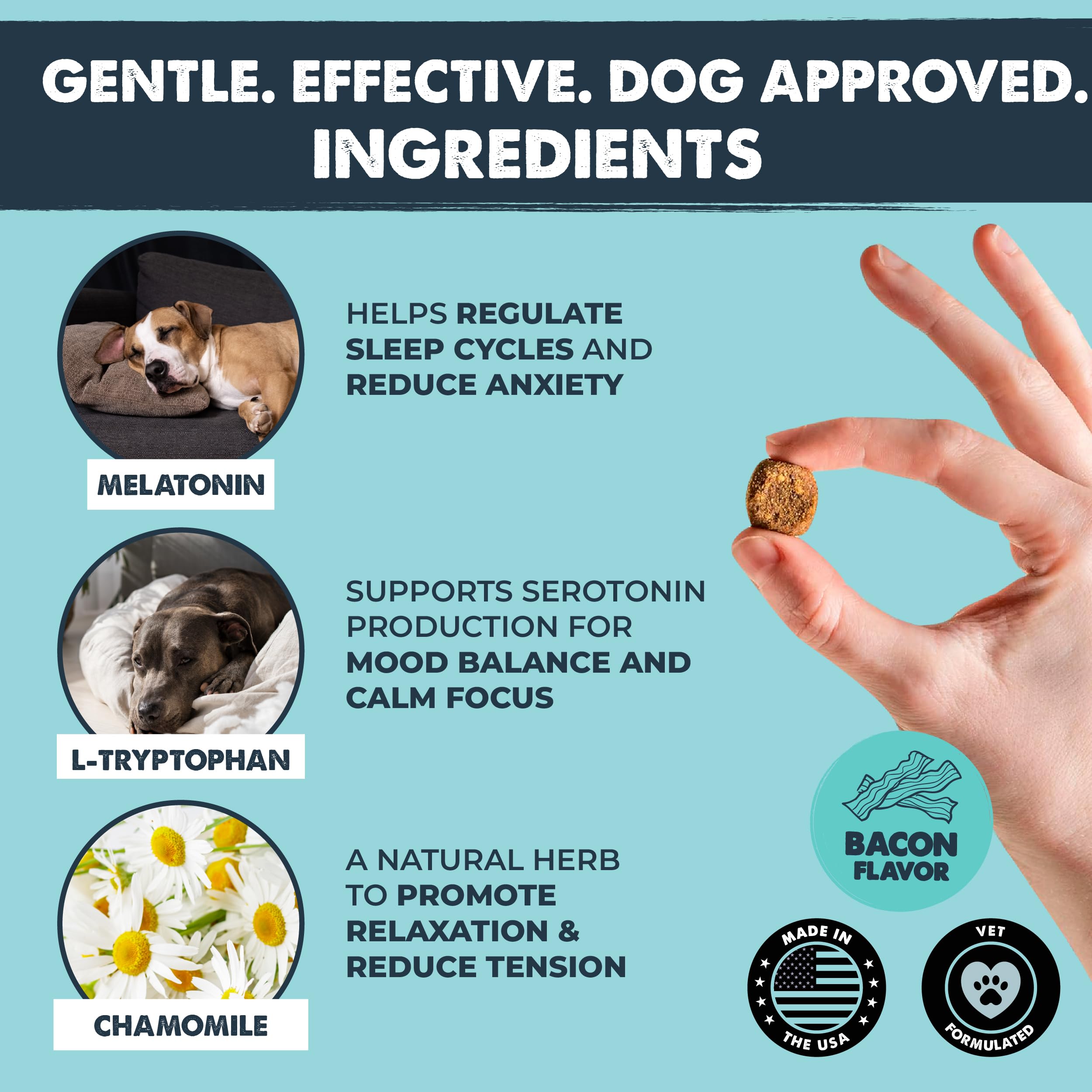 Mighty Paw Calming Chews pack closeup shows bacon-flavored treats for dogs