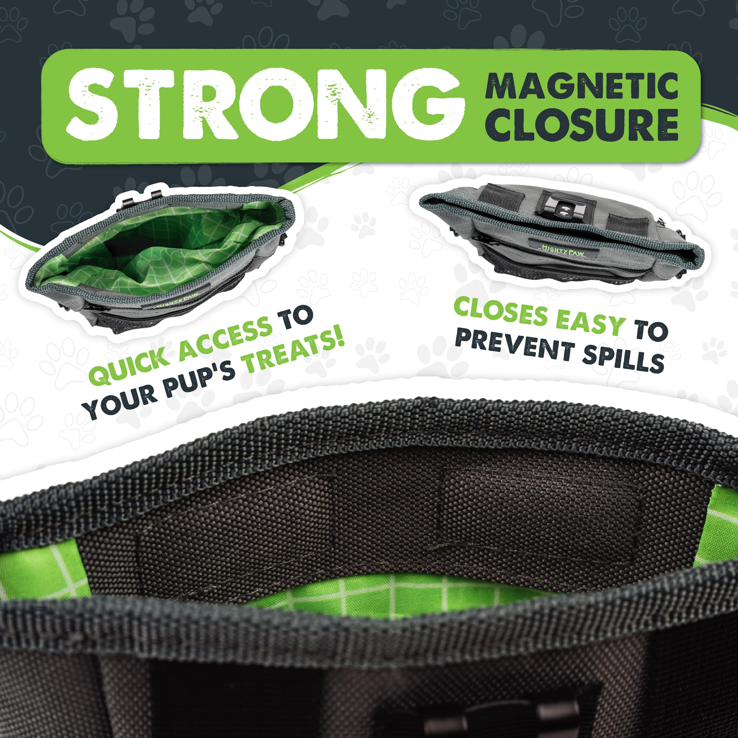 Mighty Paw dog treat pouch magnetic clasp closeup highlights spill-free access.