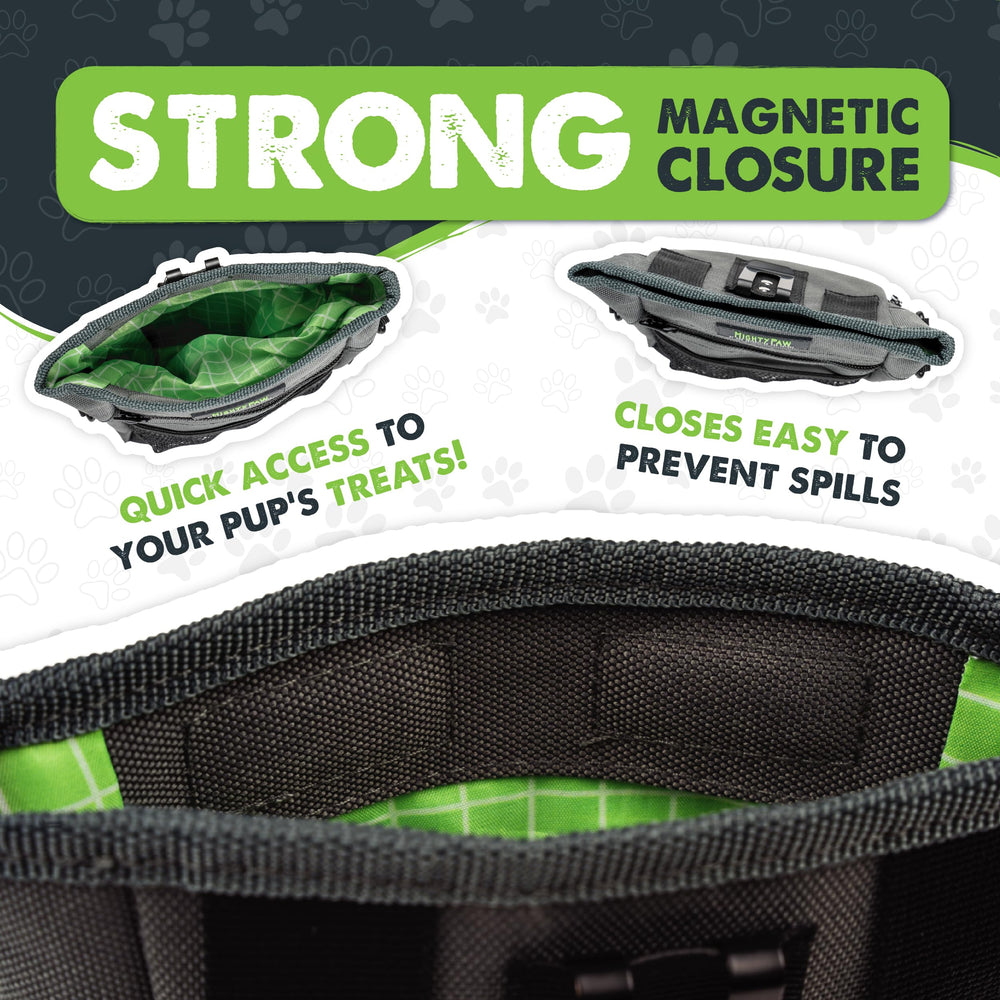 Mighty Paw dog treat pouch magnetic clasp closeup highlights spill-free access.