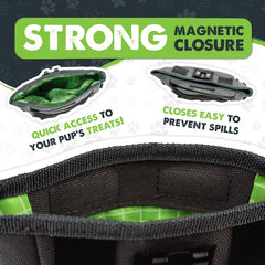 Mighty Paw dog treat pouch magnetic clasp closeup highlights spill-free access.