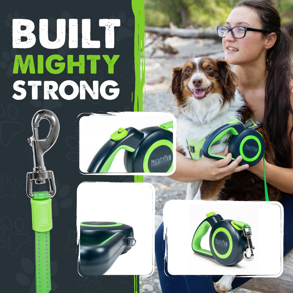 Mighty Paw green-lite-color leash stands out for easy spotting outdoors.