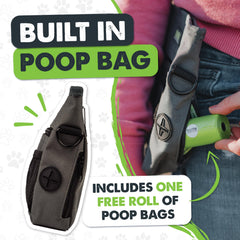 Mighty Paw dog treat pouch built-in poop bag holder enables on-the-go cleanup.