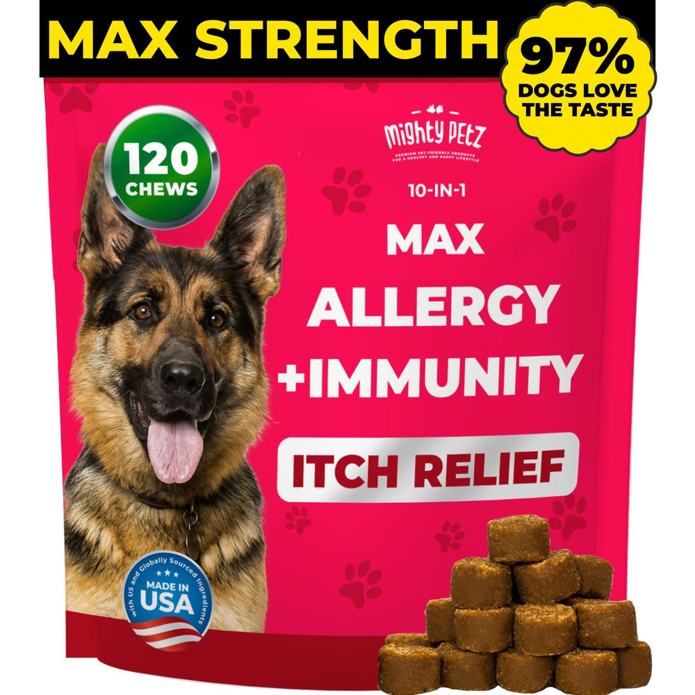 Mighty Petz MAX dog allergy relief chews bottle featuring bacon flavor supports itchy skin.