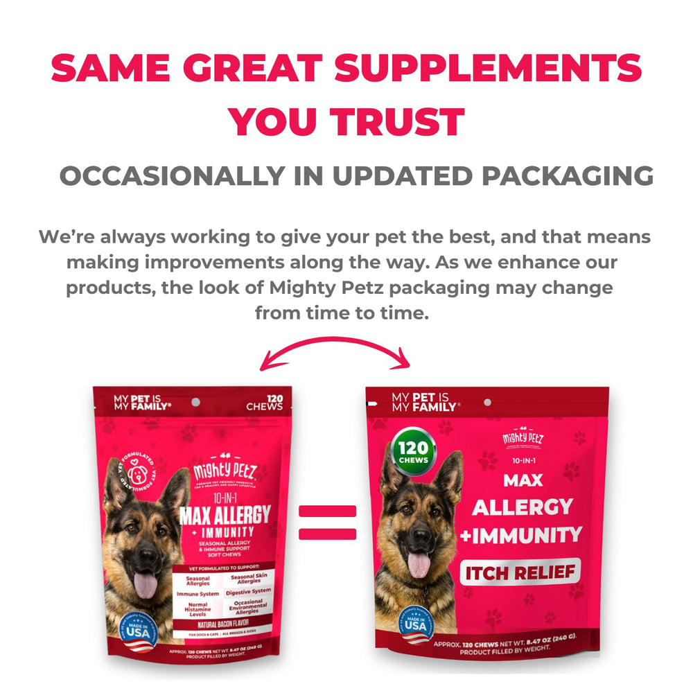 Mighty Petz MAX large-breed-friendly chews suggest accessible daily dosing for big dogs.