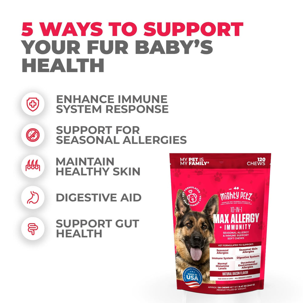 Mighty Petz MAX probiotics-colostrum panel underscores gut immune support in servings.
