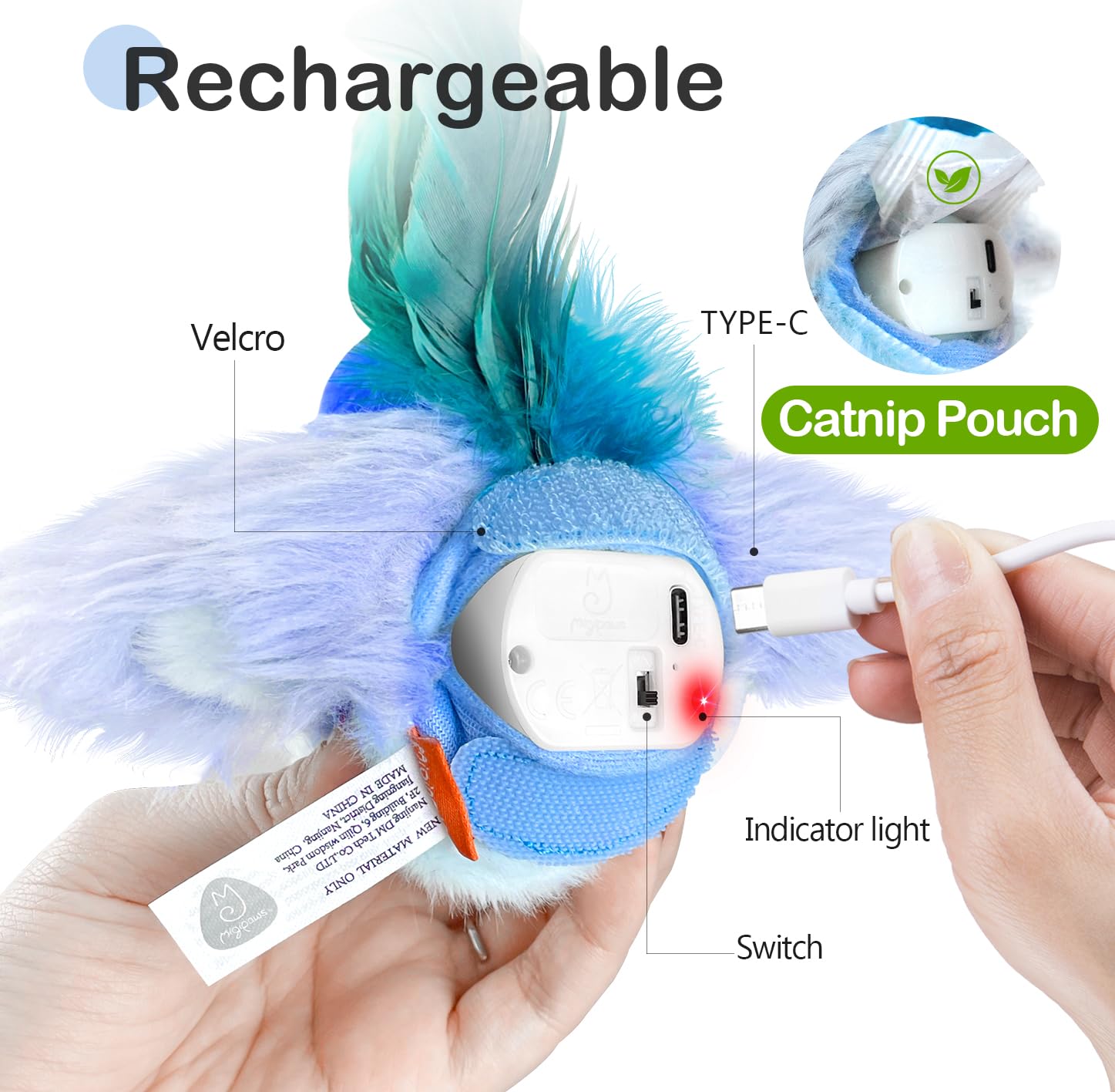 Migipaws flappy-bird-toy-usb-recharge-port highlights easy recharging for continuous fun.