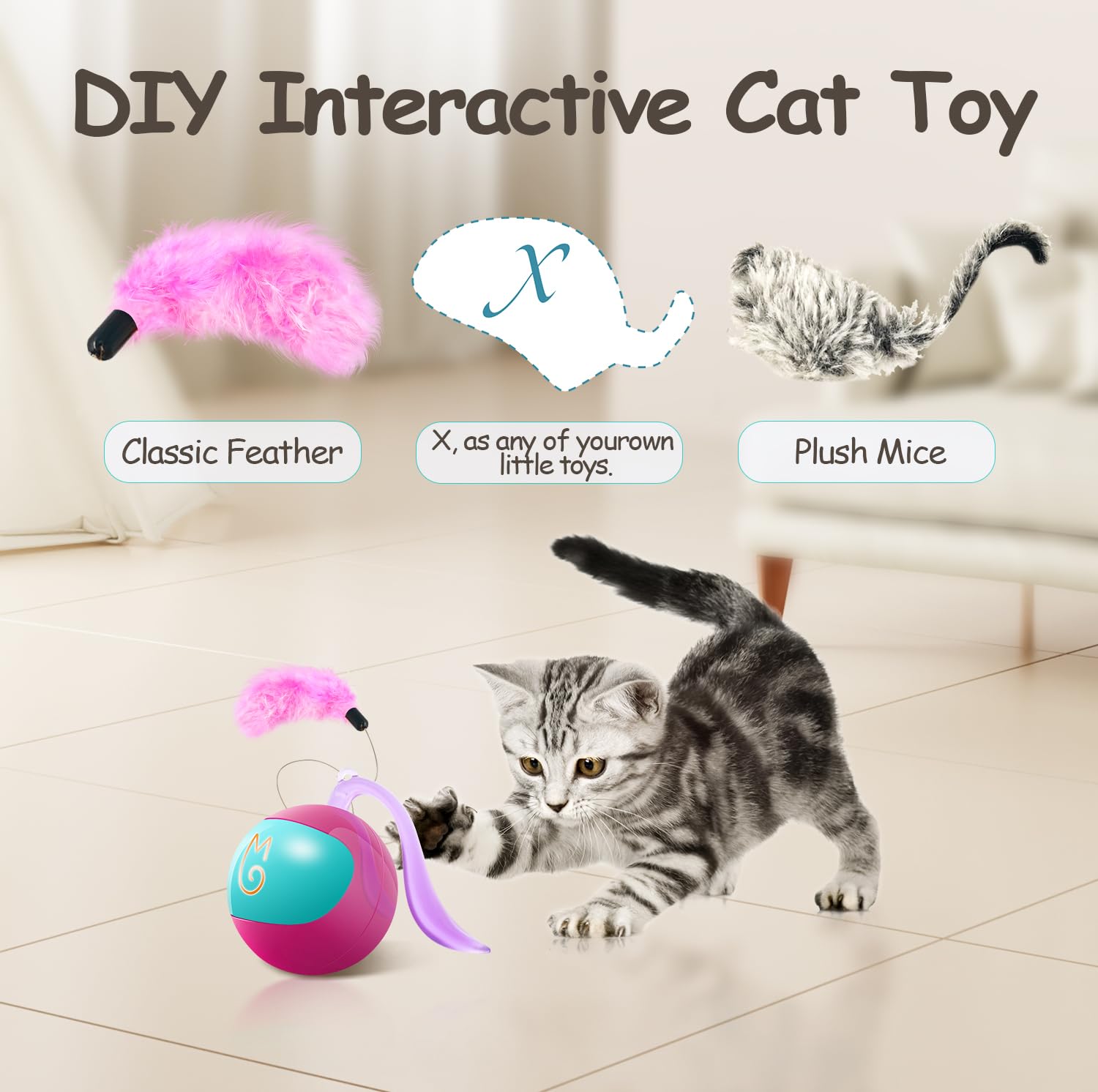 Migipaws fluffy tail attachment adds variety to cat ball play sessions.
