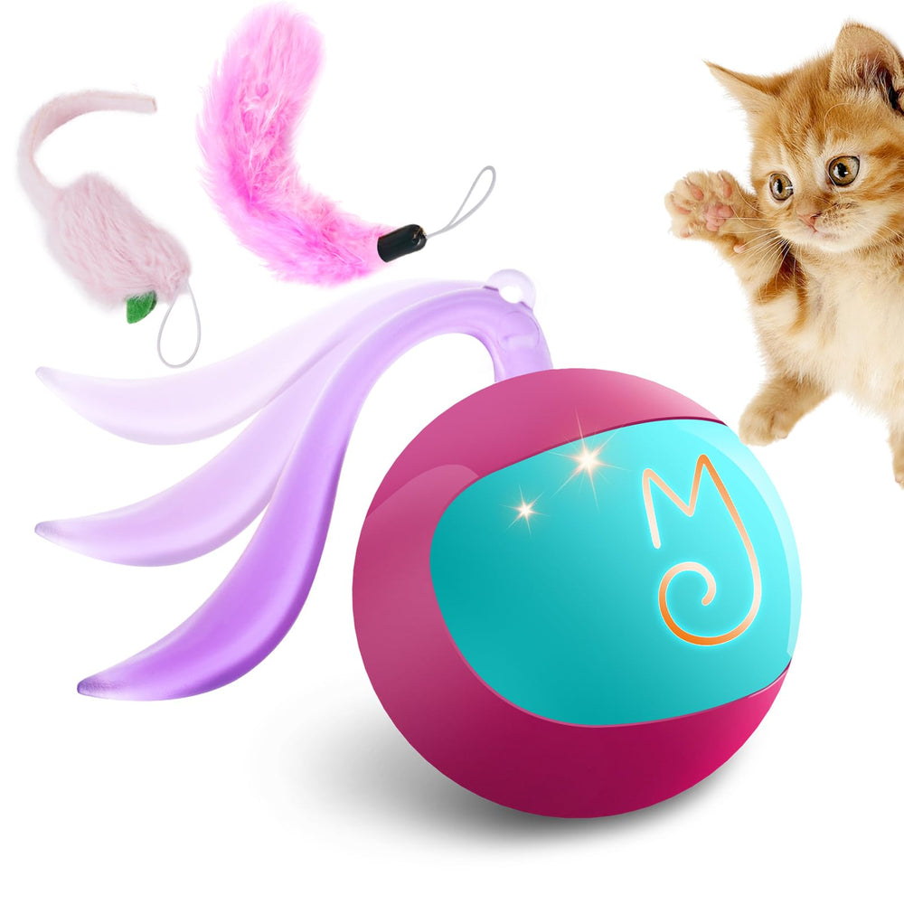 Migipaws interactive cat ball toy set in Rose shows rolling action to promote active play.