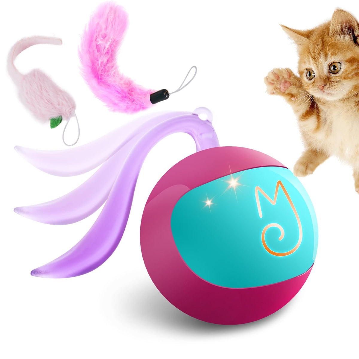 Migipaws interactive cat ball toy set in Rose shows rolling action to promote active play.