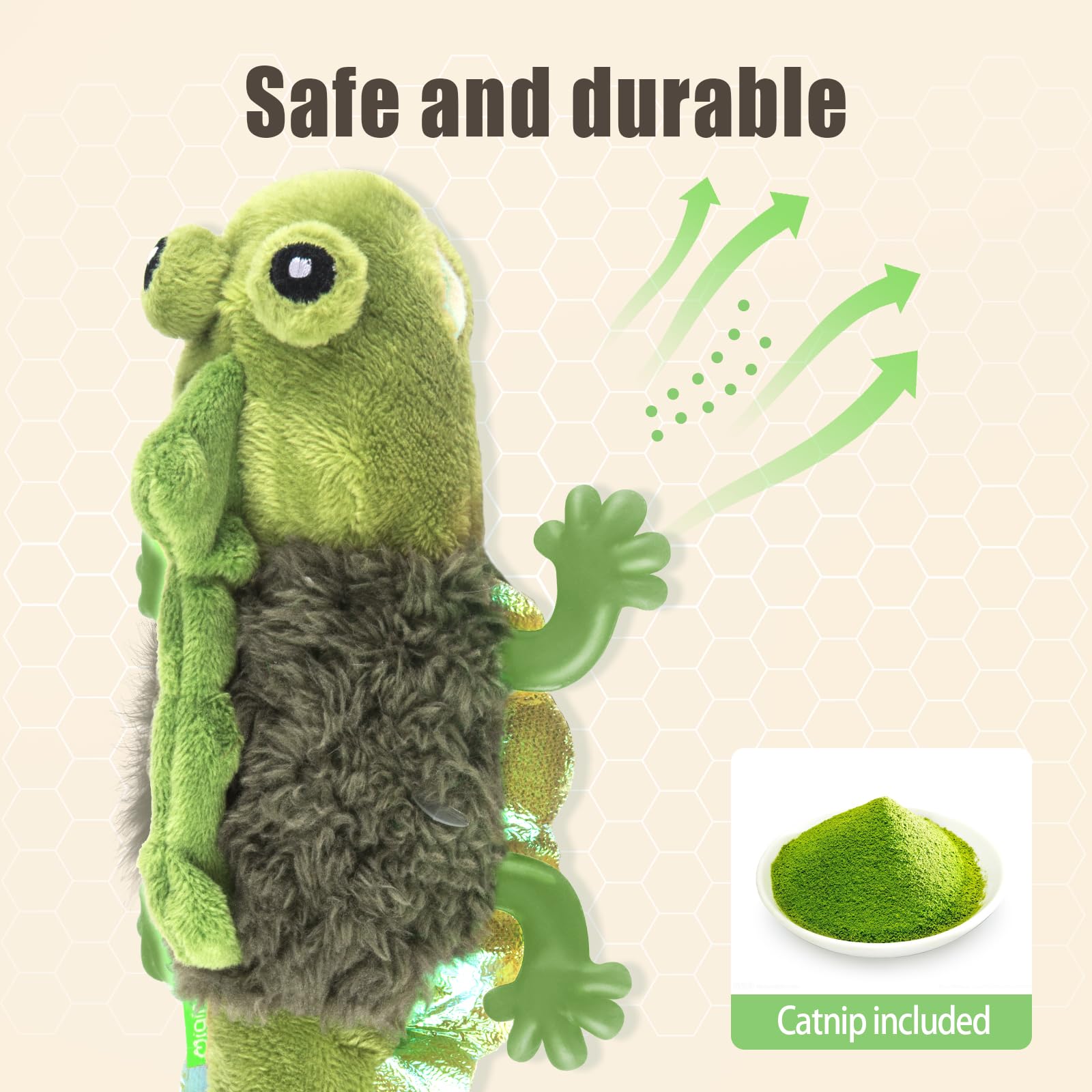 Migipaws lizard toy washable fabric makes cleanup quick after play.
