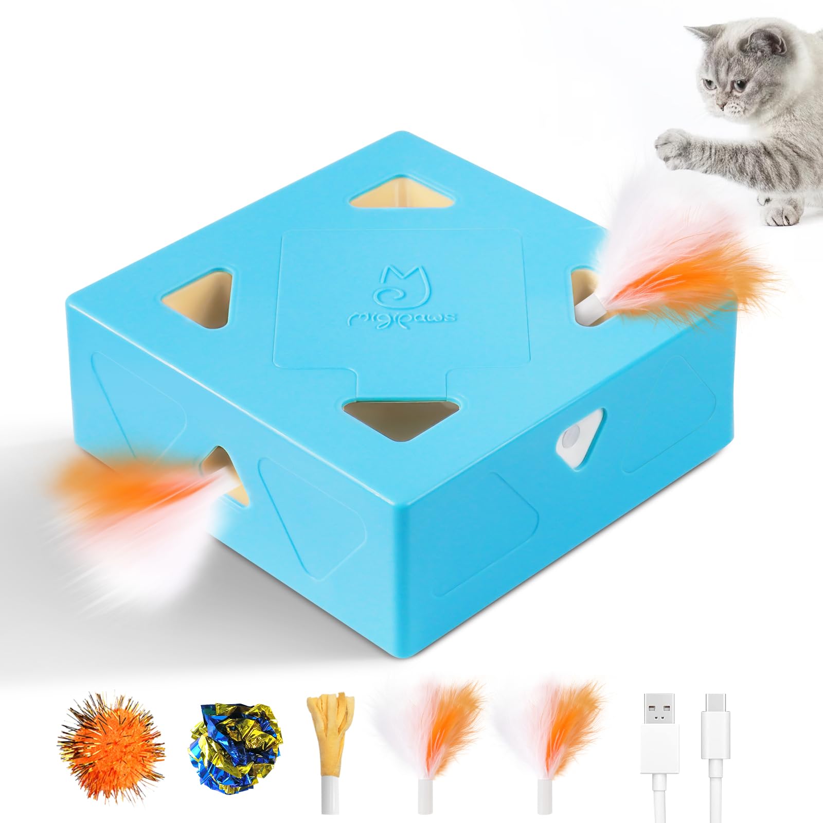 Migipaws MigiBox feather pops from top holes to engage hunting instincts during play