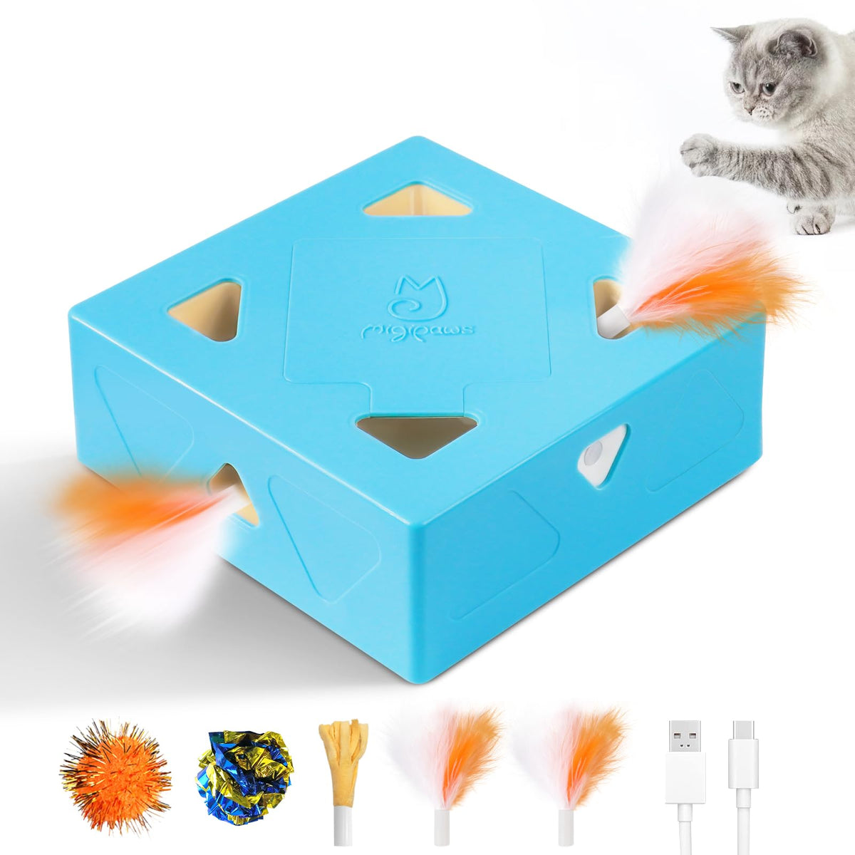 Migipaws MigiBox feather pops from top holes to engage hunting instincts during play