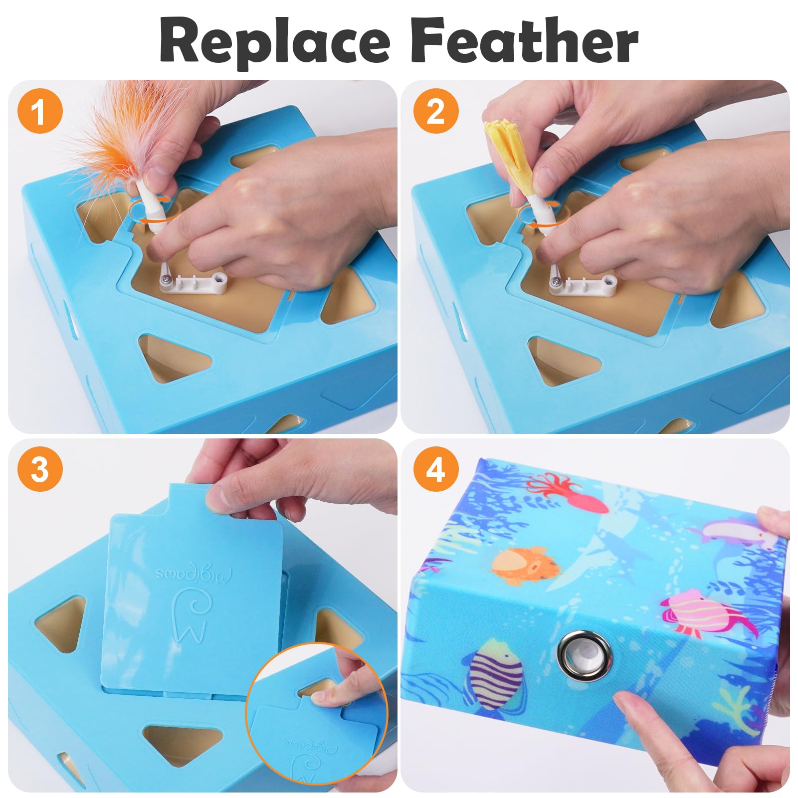 Migipaws MigiBox replaceable attachments include feathers and skins for varied play