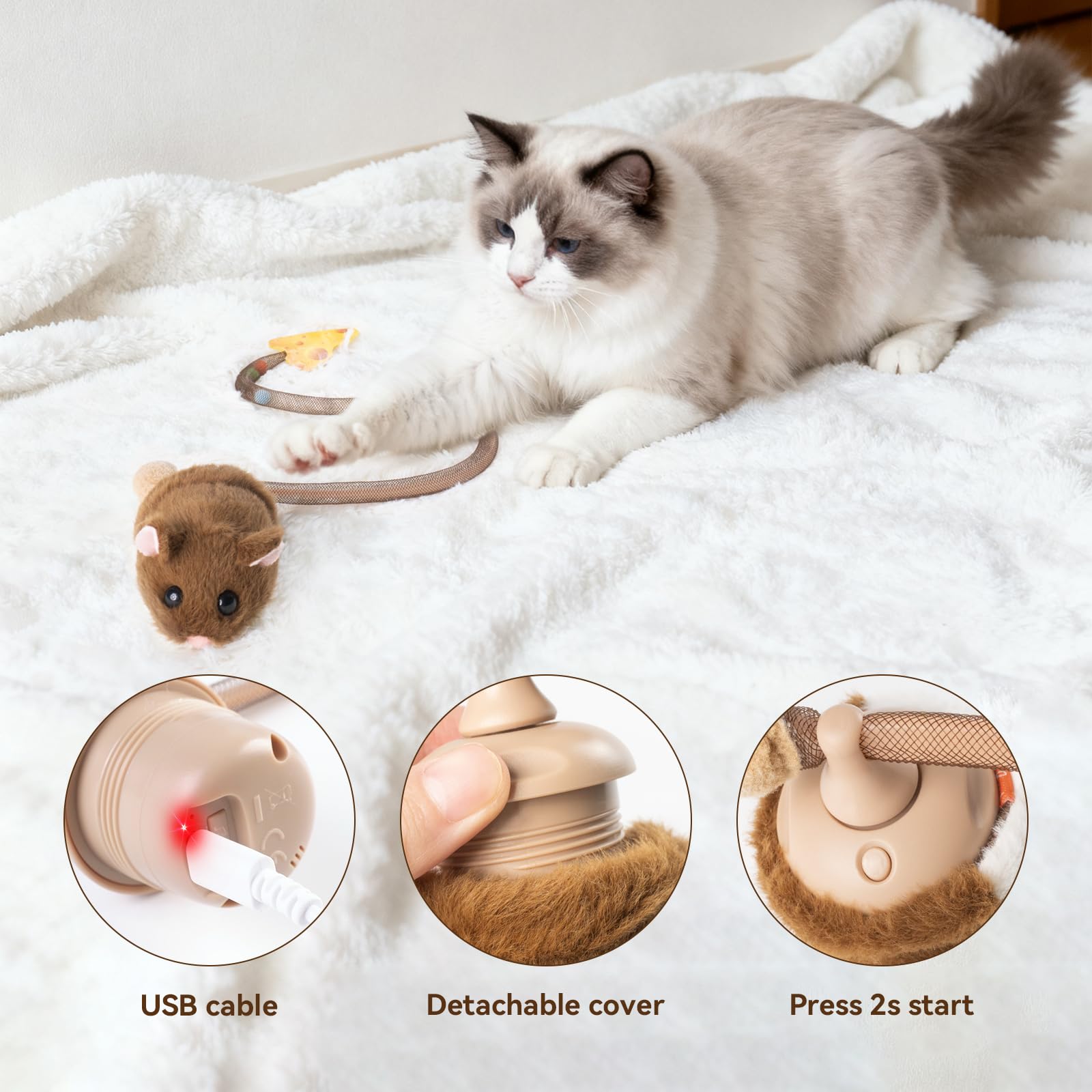 Migipaws Migimouse, peluche resistente, soporta mordiscos suaves durante el juego.
