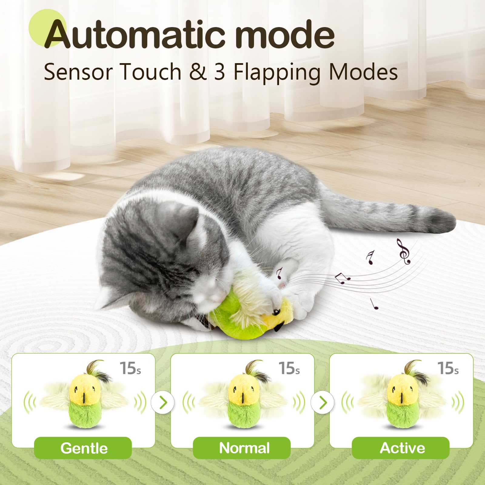 Migipaws rechargeable USB-C bird toy for easy, continuous use.