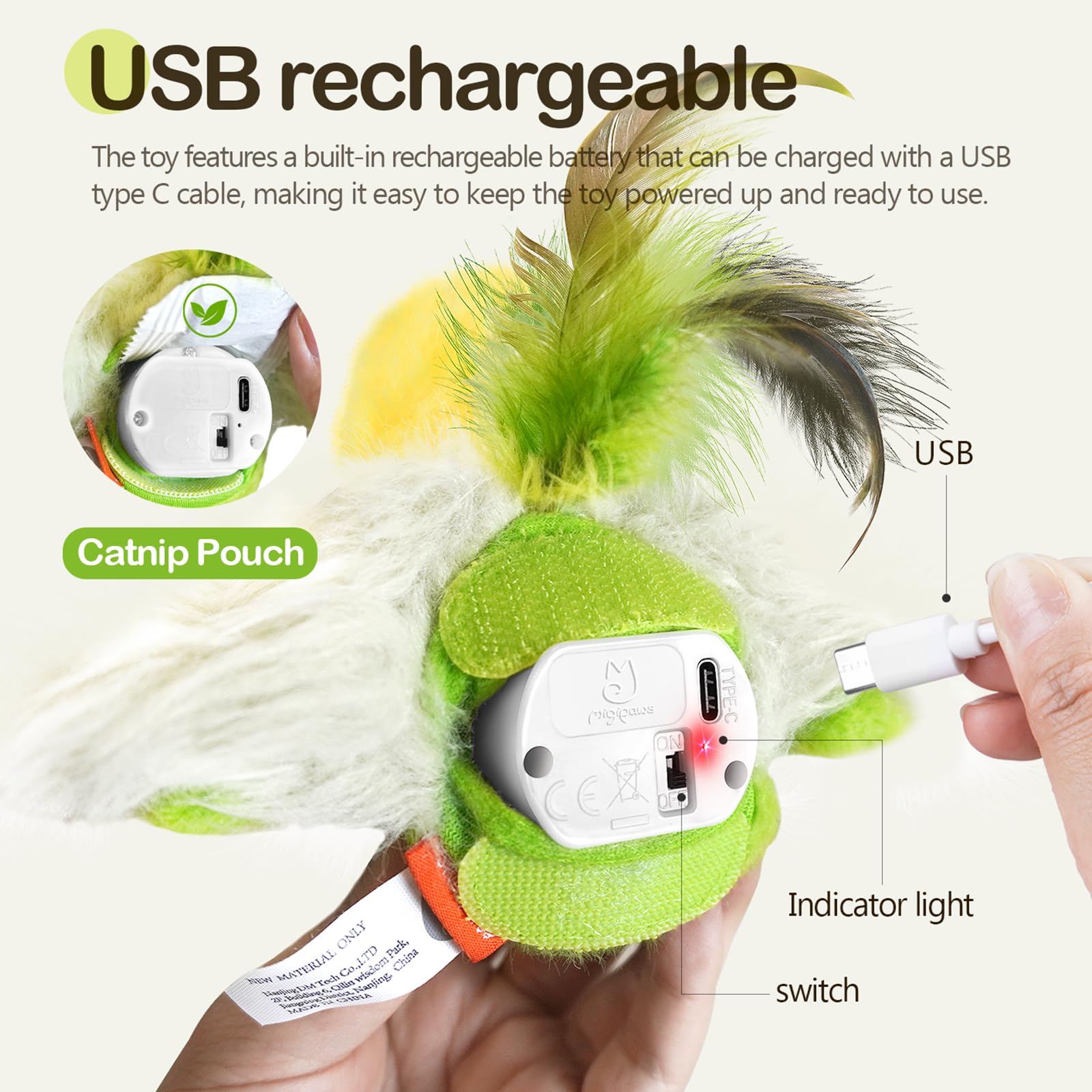 Migipaws soft plush feathers offer cuddly texture during play.