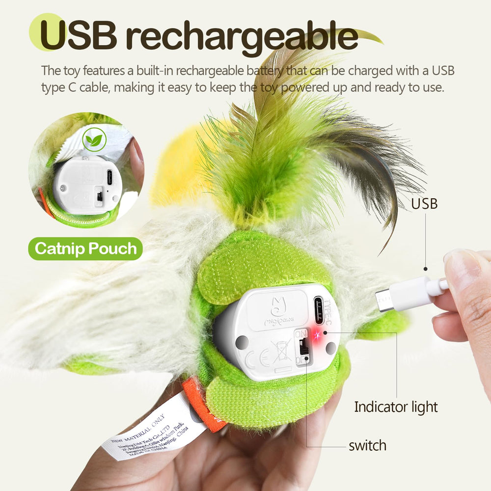 Migipaws soft plush feathers offer cuddly texture during play.