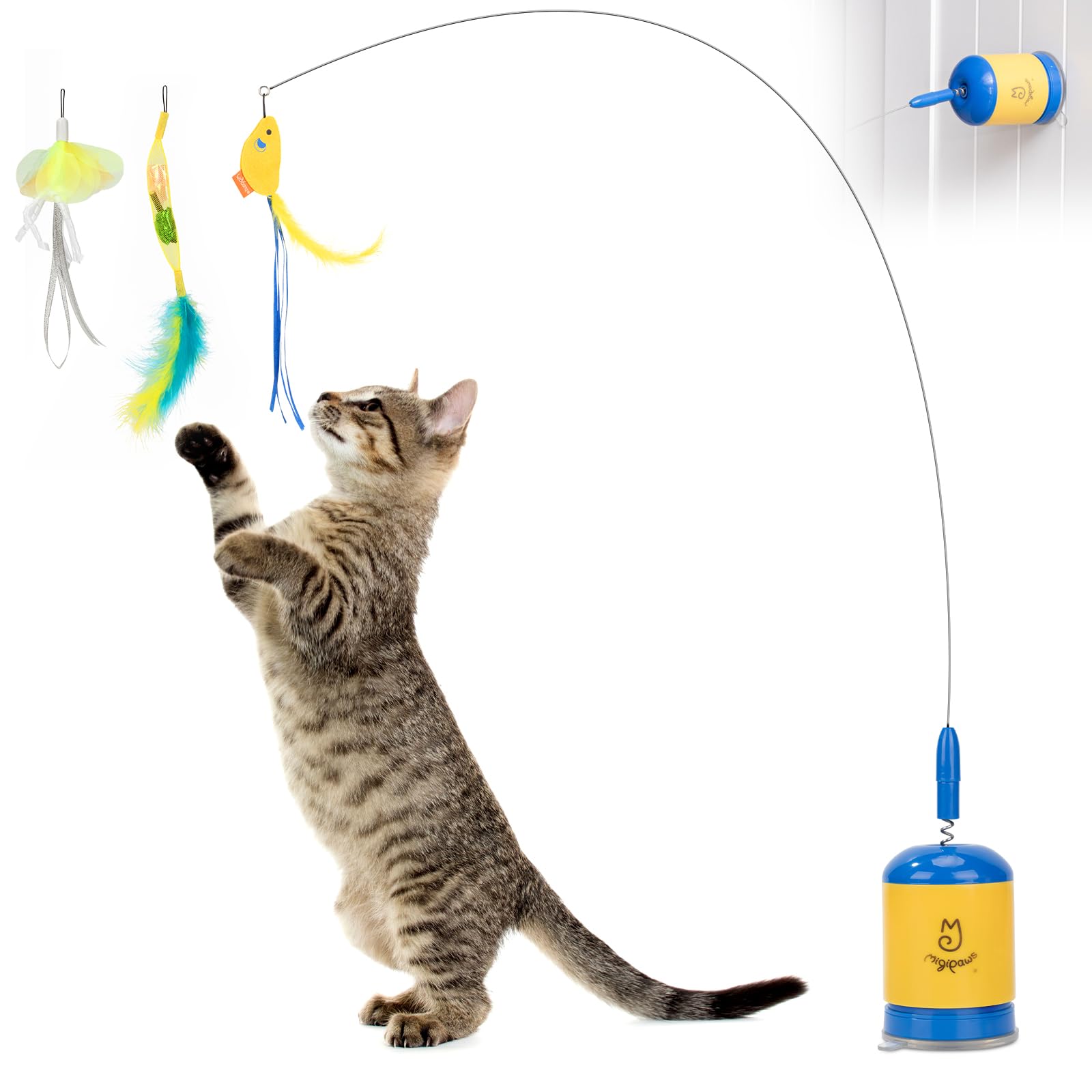 Migipaws teaser wand on blue floor showing strong suction for hands-free interactive play