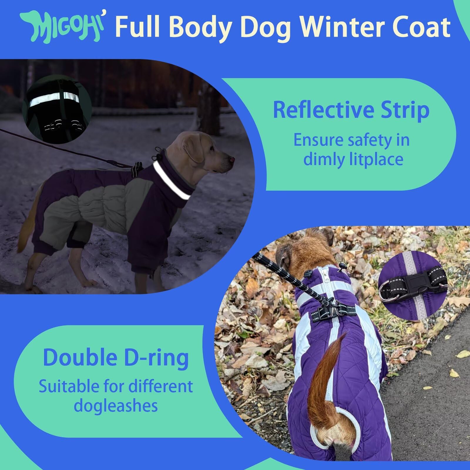MIGOHI back zipper and reflective neckline aid easy on/off and safety.