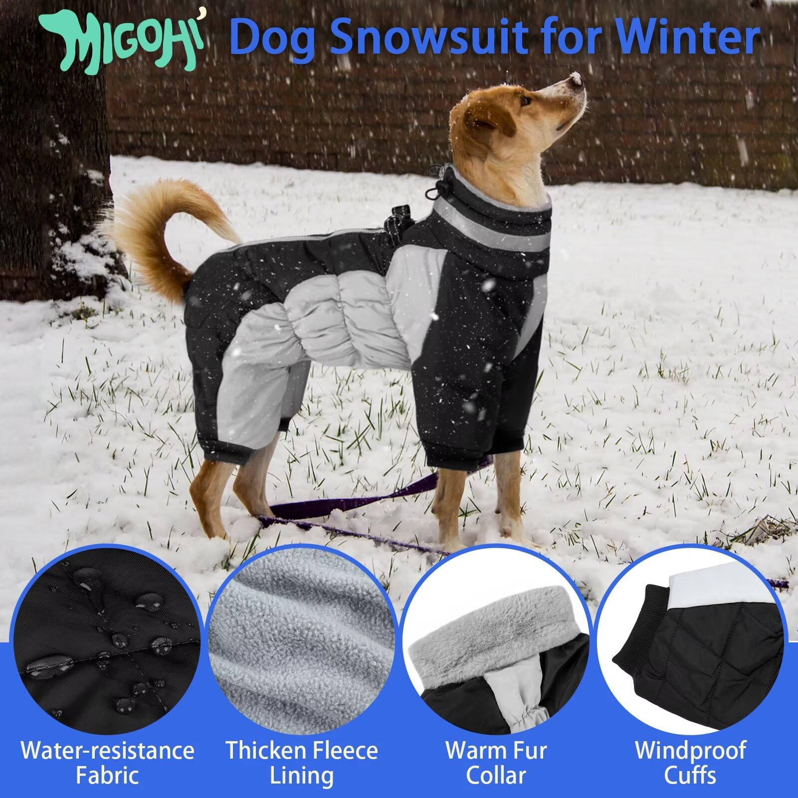 MIGOHI dog coat with integrated harness attachment for secure outdoor control.