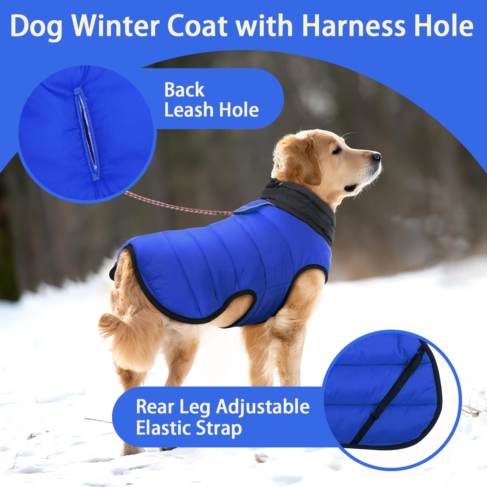 MIGOHI reflective dog puffer coat with front and back strips for high visibility.