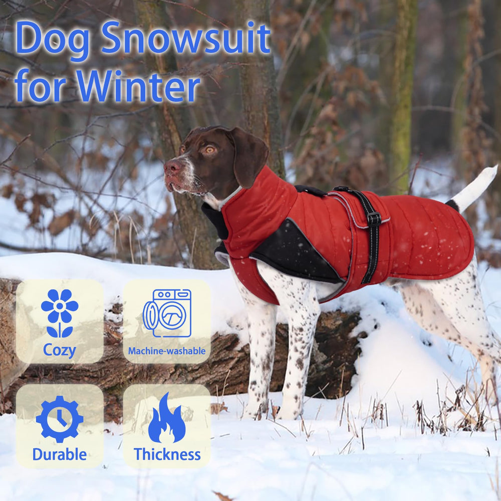 MIGOHI Snowproof Dog Coat back view highlights durable waterproof shell for snowy days.