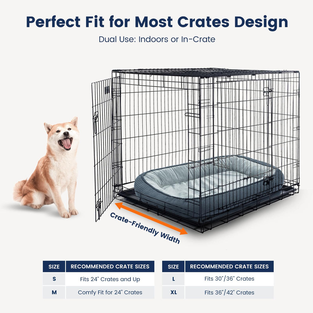 Miguel haze blue orthopedic bed shown in a calm, spacious room.