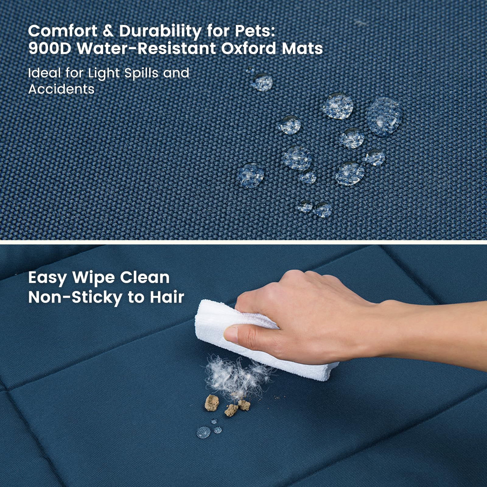 Miguel Oxford 900D outdoor bed inside crate offers snug comfort for pets.