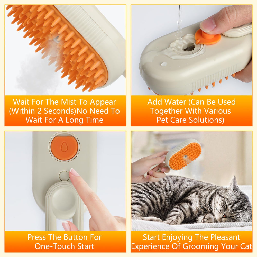 Miguelu 4-in-1 cat grooming steam brush for deep-cleaning paws and coat during brushing.