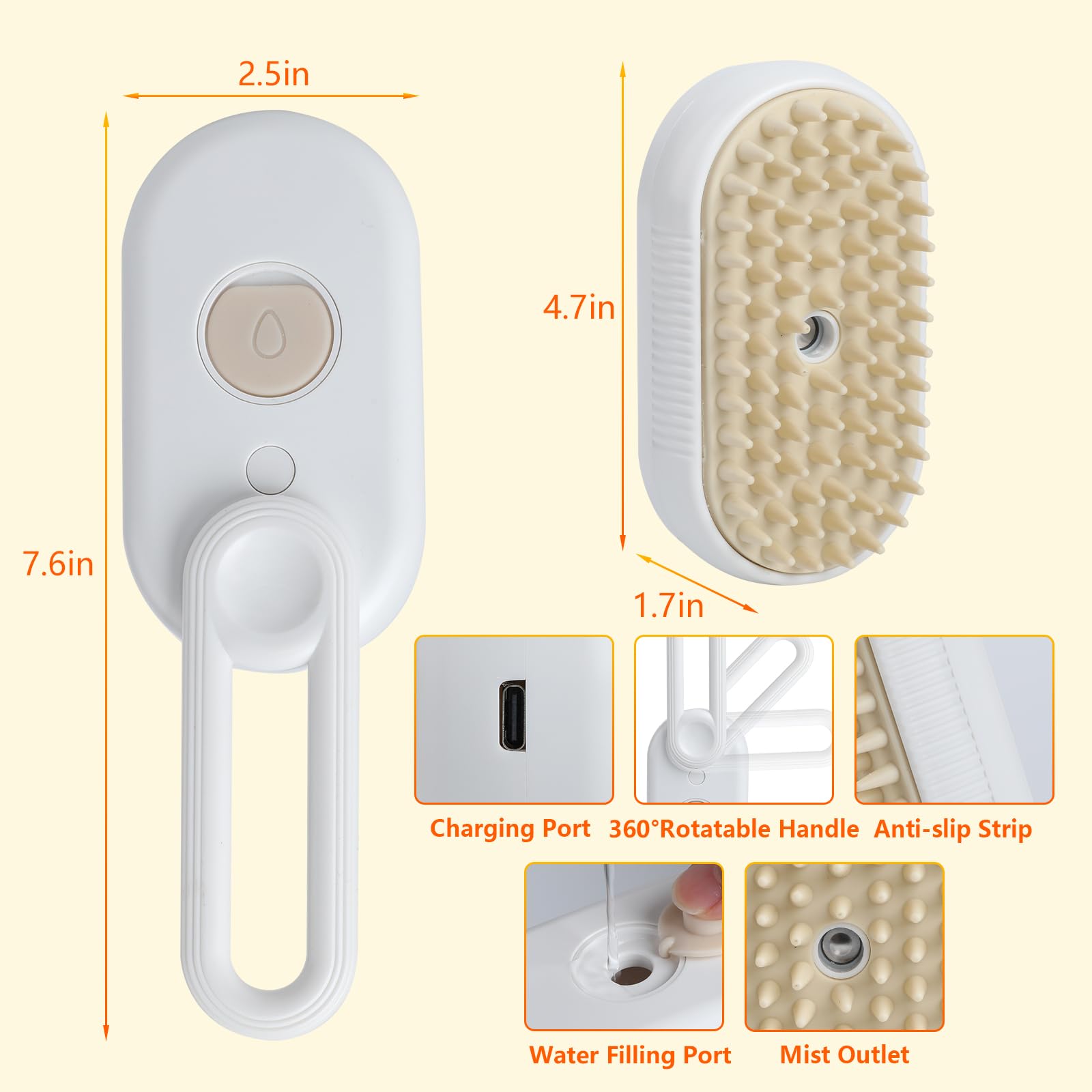 Miguelu 4-in-1 cat grooming steam brush with ergonomic grip supports longer grooming.