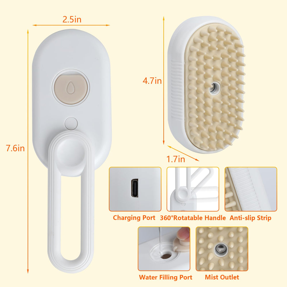 Miguelu 4-in-1 cat grooming steam brush with ergonomic grip supports longer grooming.