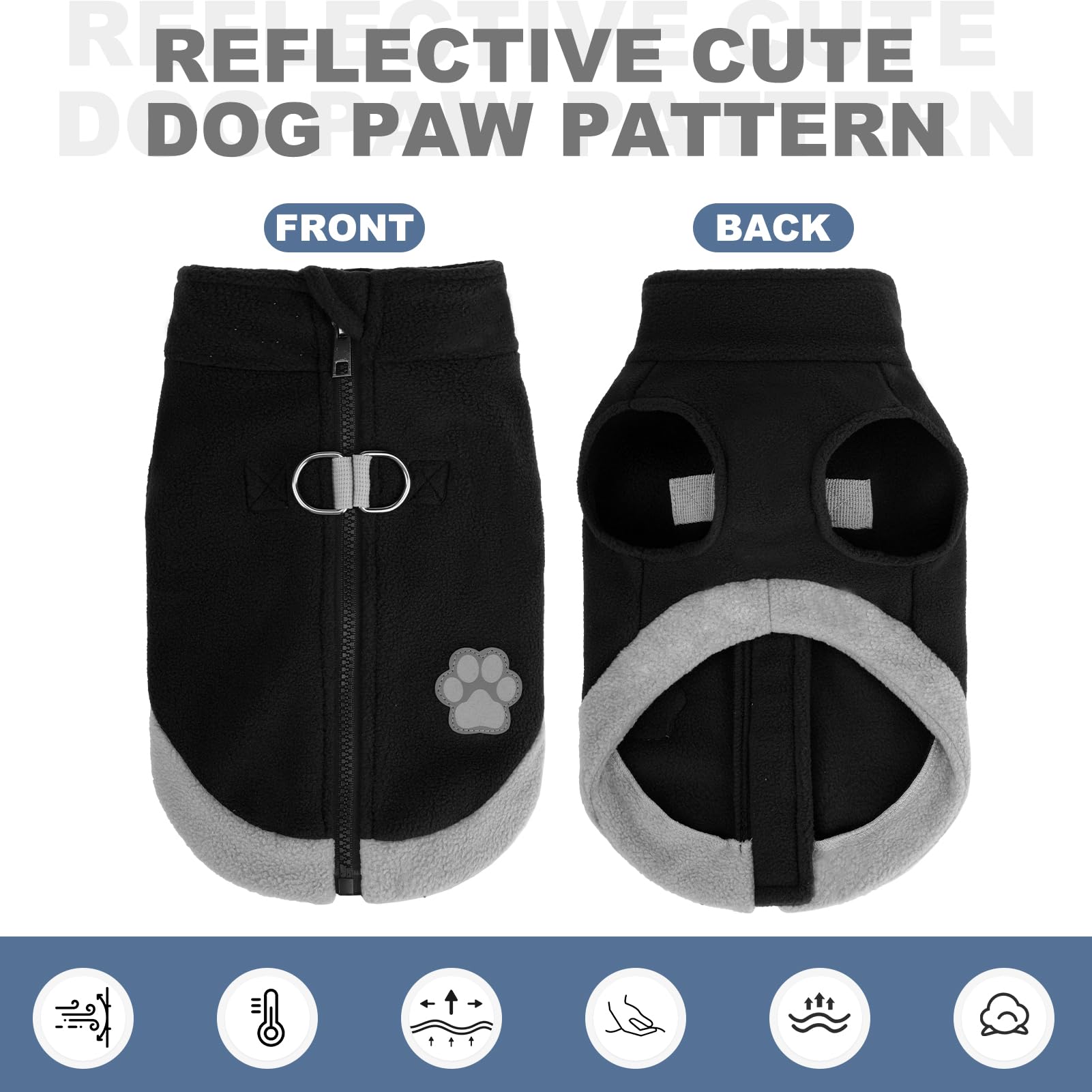 Mihachi fleece vest dual D-rings for secure leash attachment.