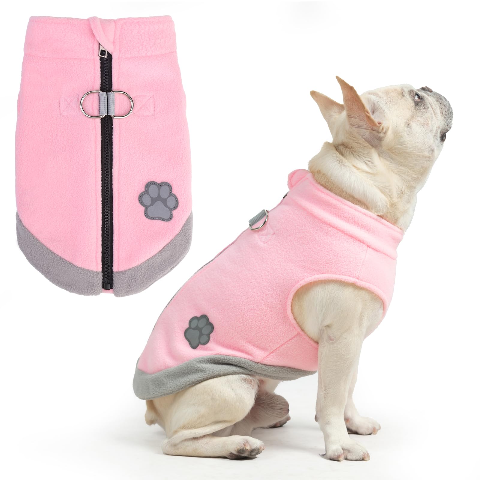 Mihachi dog fleece vest pink back zip close for easy on-off and warmth
