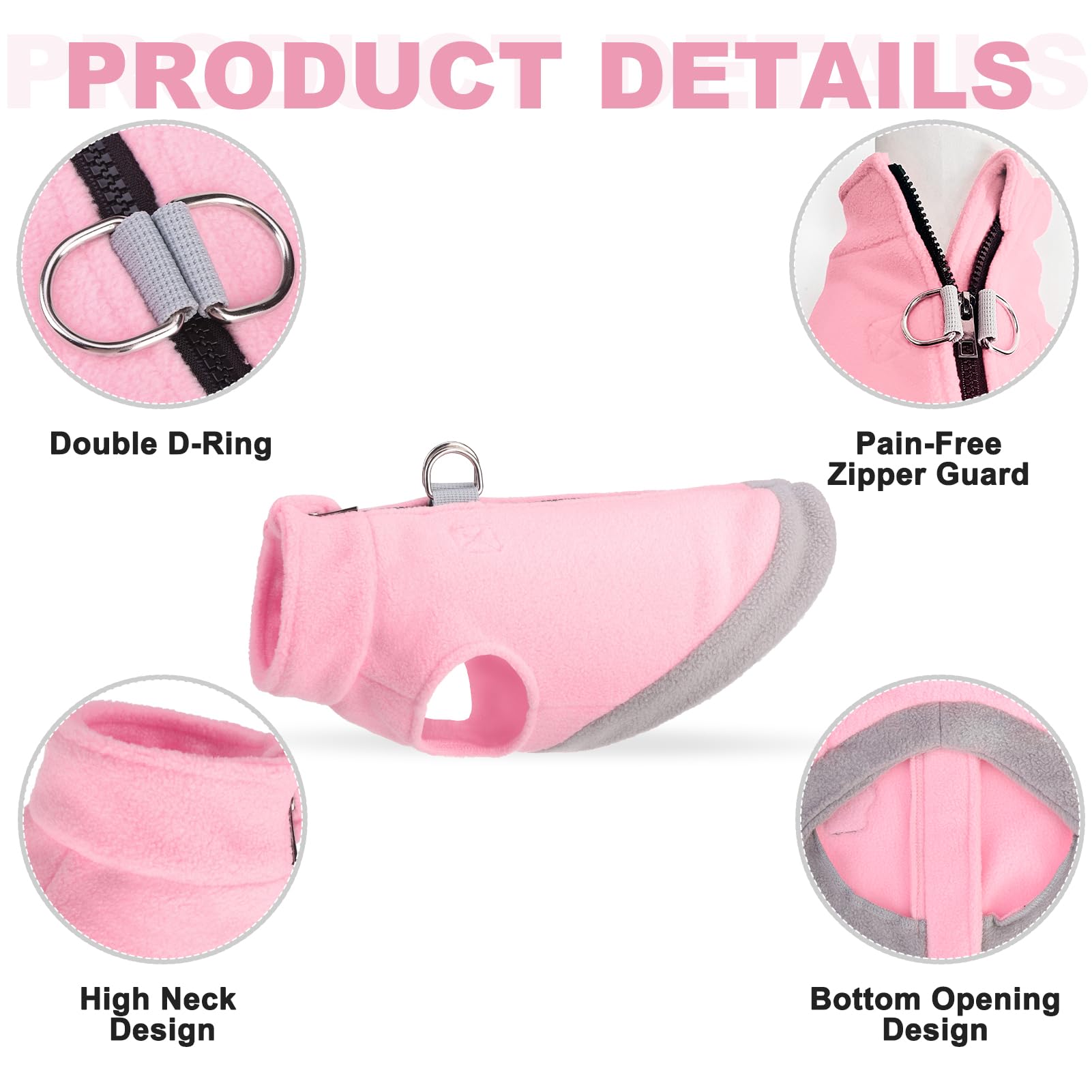 Mihachi fleece vest pink dual D-ring leash ensures secure walks