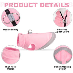 Mihachi fleece vest pink dual D-ring leash ensures secure walks