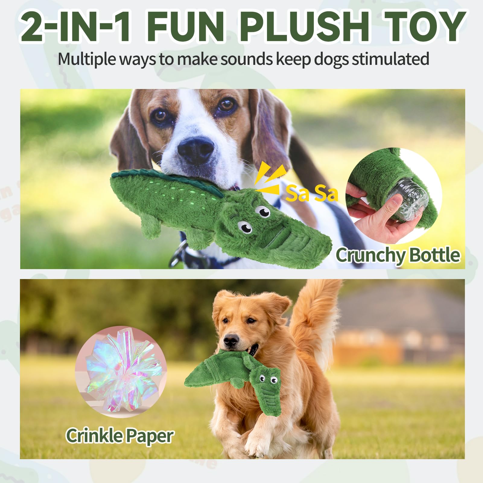 Mihachi No Stuffing Crinkle Crocodile Toy bottle-insert action during fetch