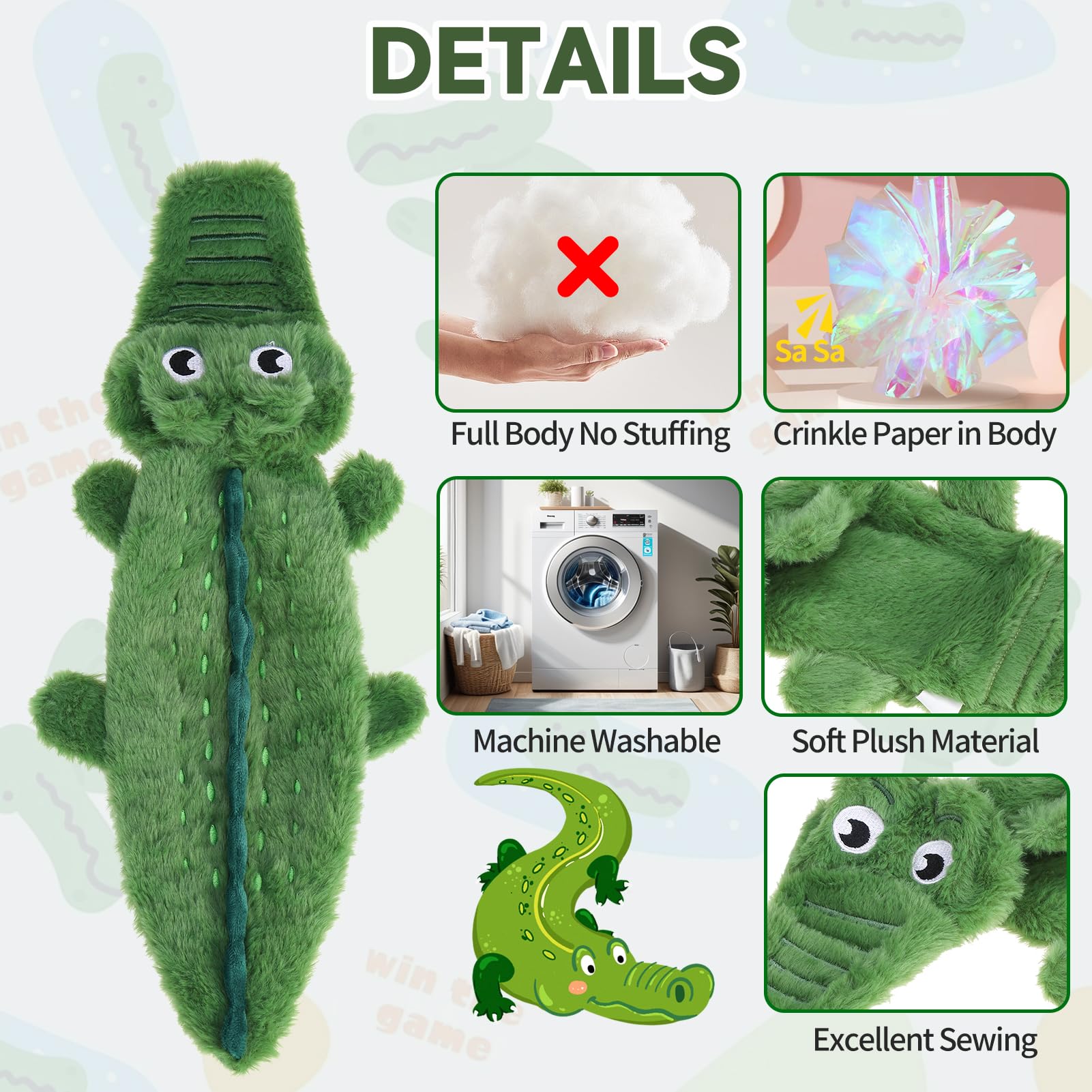 Mihachi No Stuffing Crinkle Crocodile Toy dog playing plush chew relief