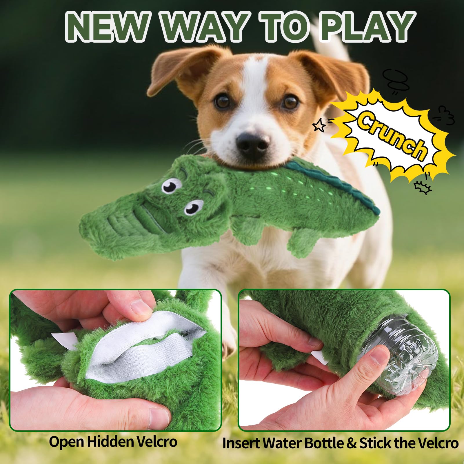 Mihachi No Stuffing Crinkle Crocodile Toy closeup squeaker shows durability