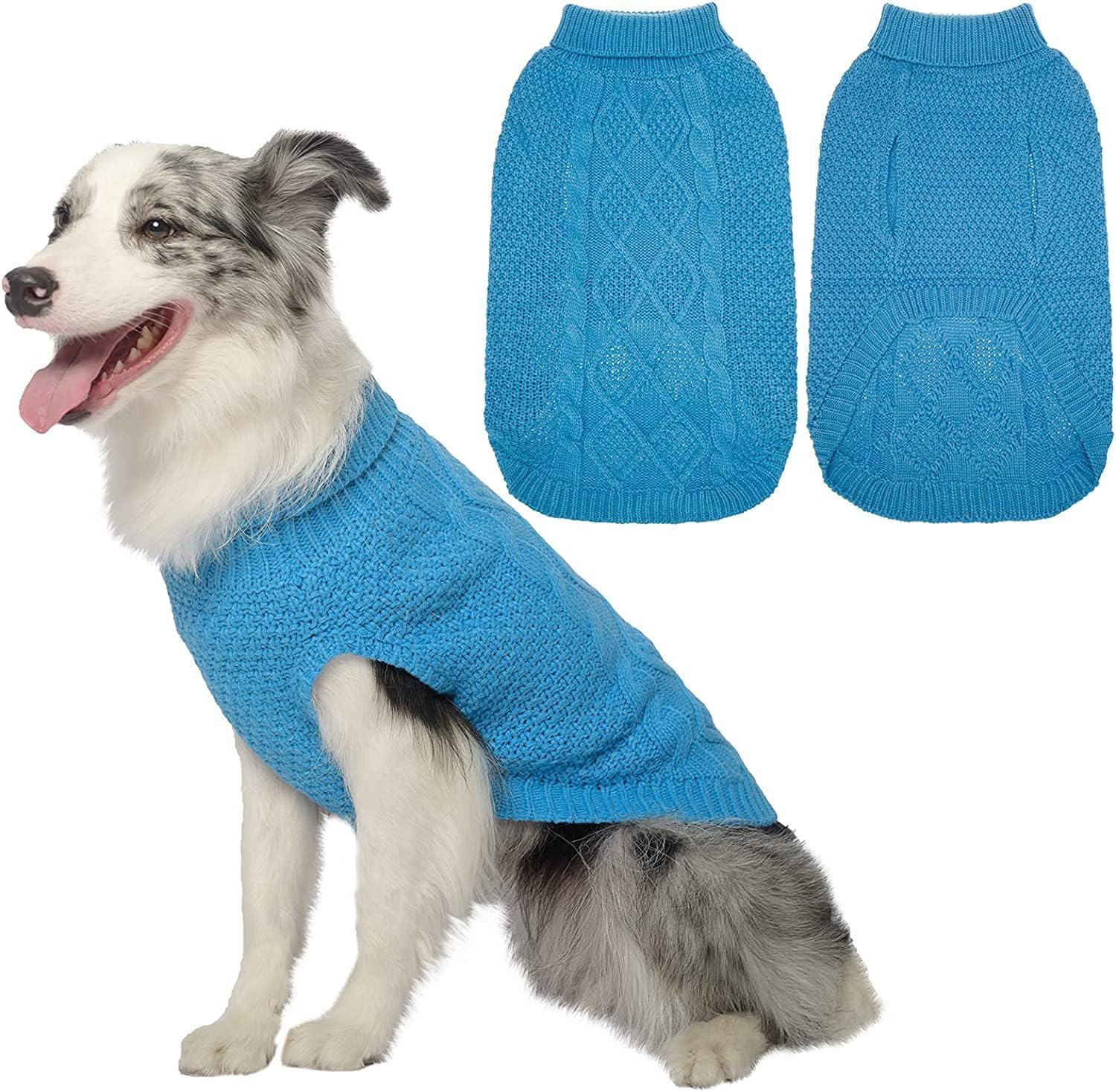 Mihachi turtleneck dog sweater front view highlights classic cable knit and warm fit.