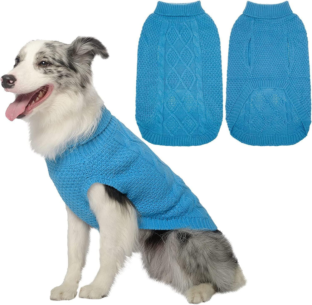 Mihachi turtleneck dog sweater front view highlights classic cable knit and warm fit.